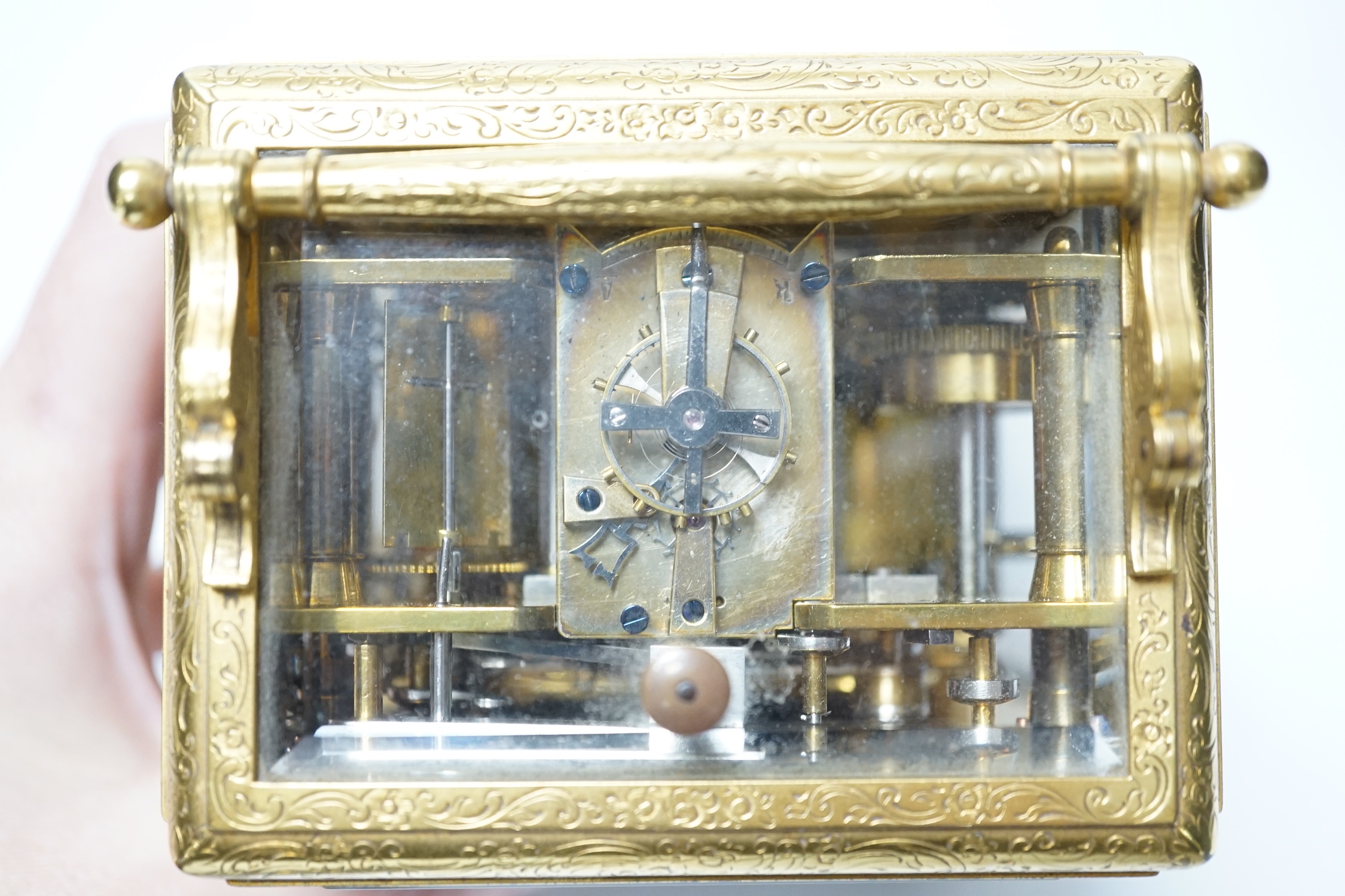An ornate 19th century French repeating carriage clock with alarm, signed Dent a Paris, 13.5cm high